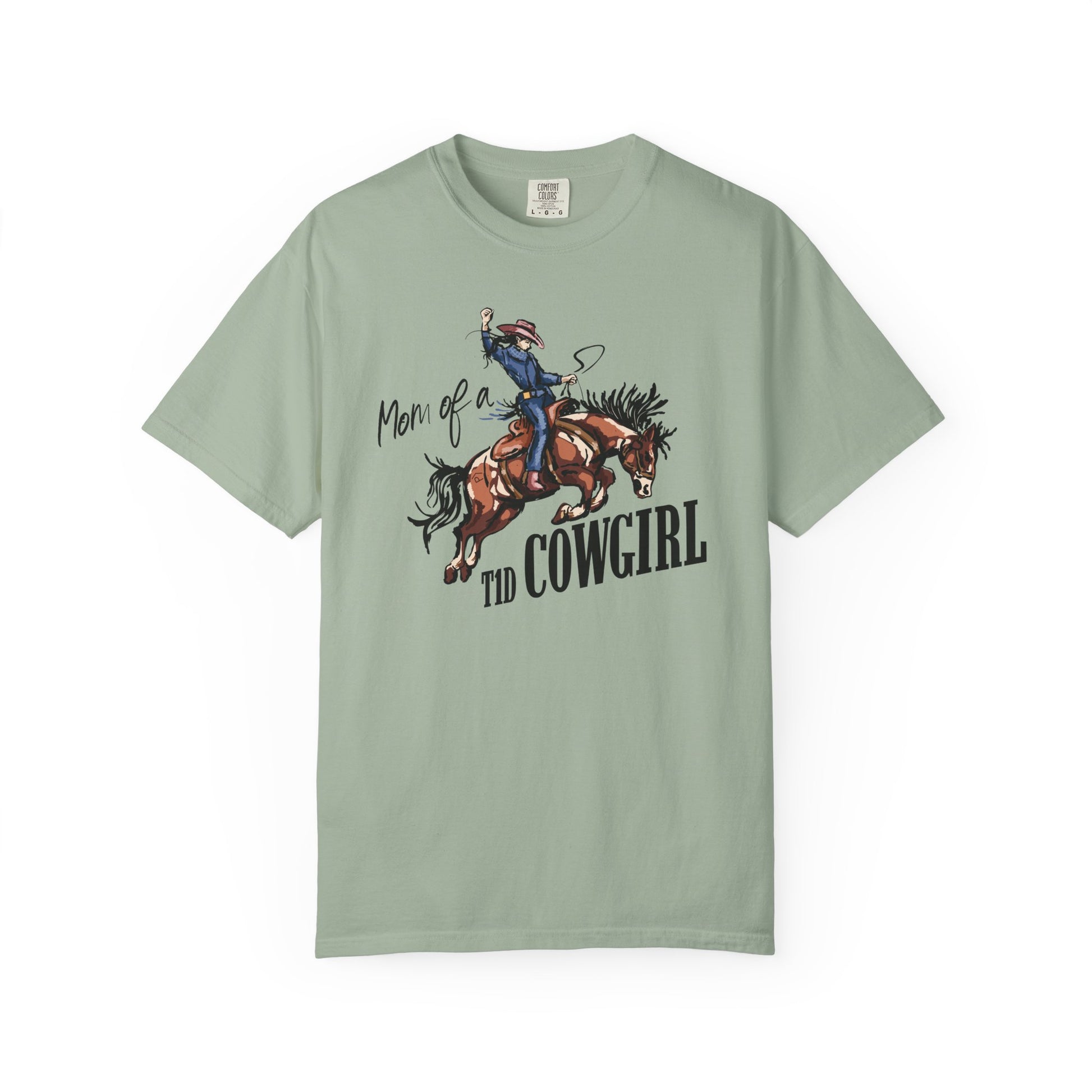 Mom of a T1D Cowgirl T-Shirt featuring a cowgirl riding a horse, celebrating diabetes awareness and support for T1D.