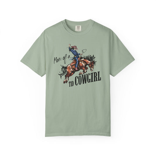 Mom of a T1D Cowgirl T-Shirt featuring a cowgirl riding a horse, celebrating diabetes awareness and support for T1D.