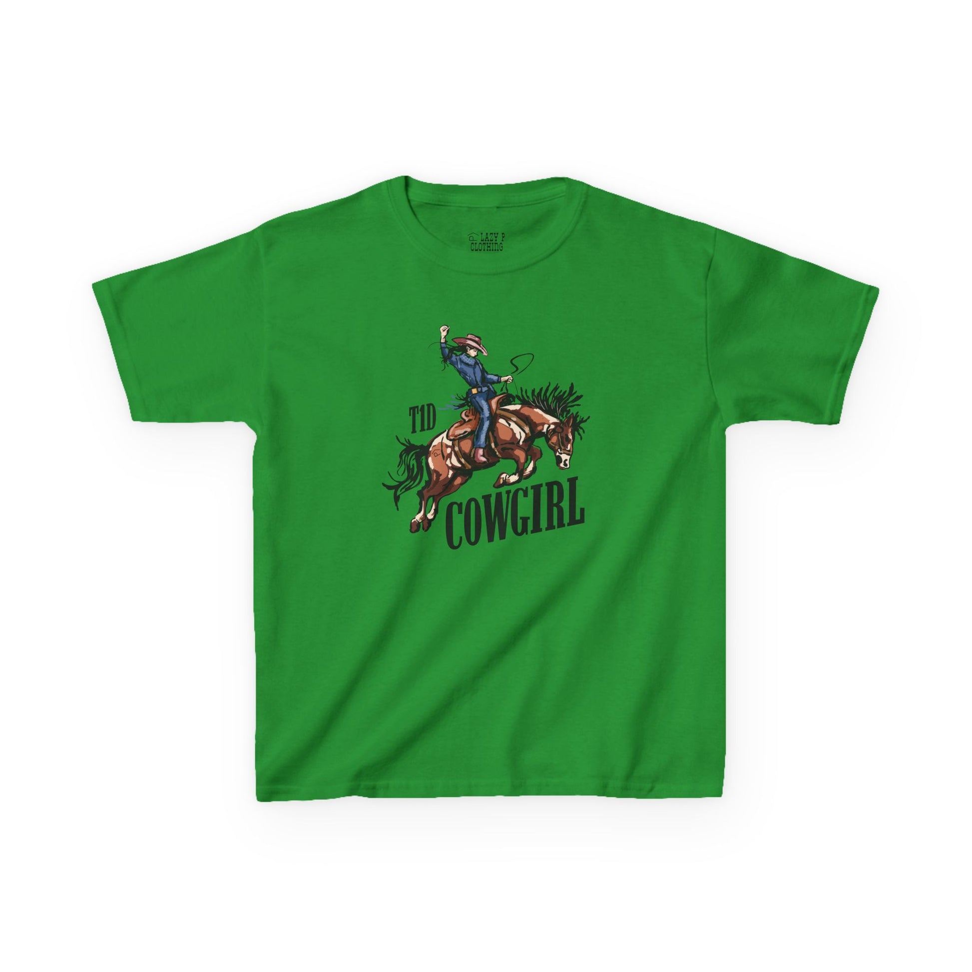 T1D Cowgirl Kids Diabetes Shirt in vibrant green featuring a cowgirl on a horse design.