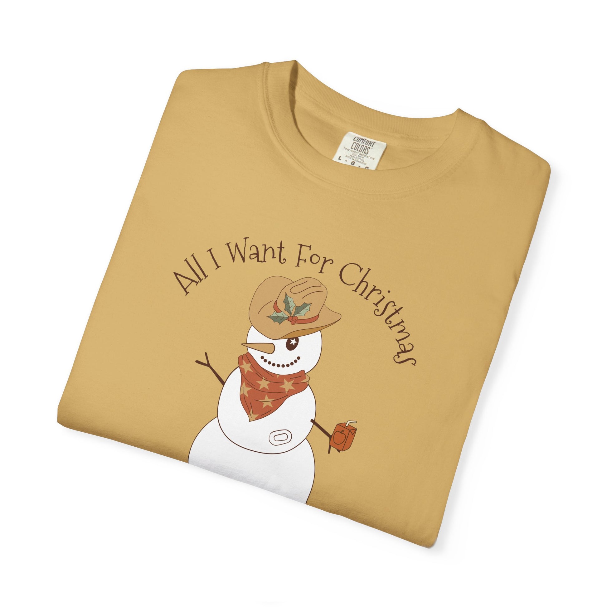 All I Want for Christmas CGM Diabetes TShirt featuring a snowman in a cowboy hat with juice box design.