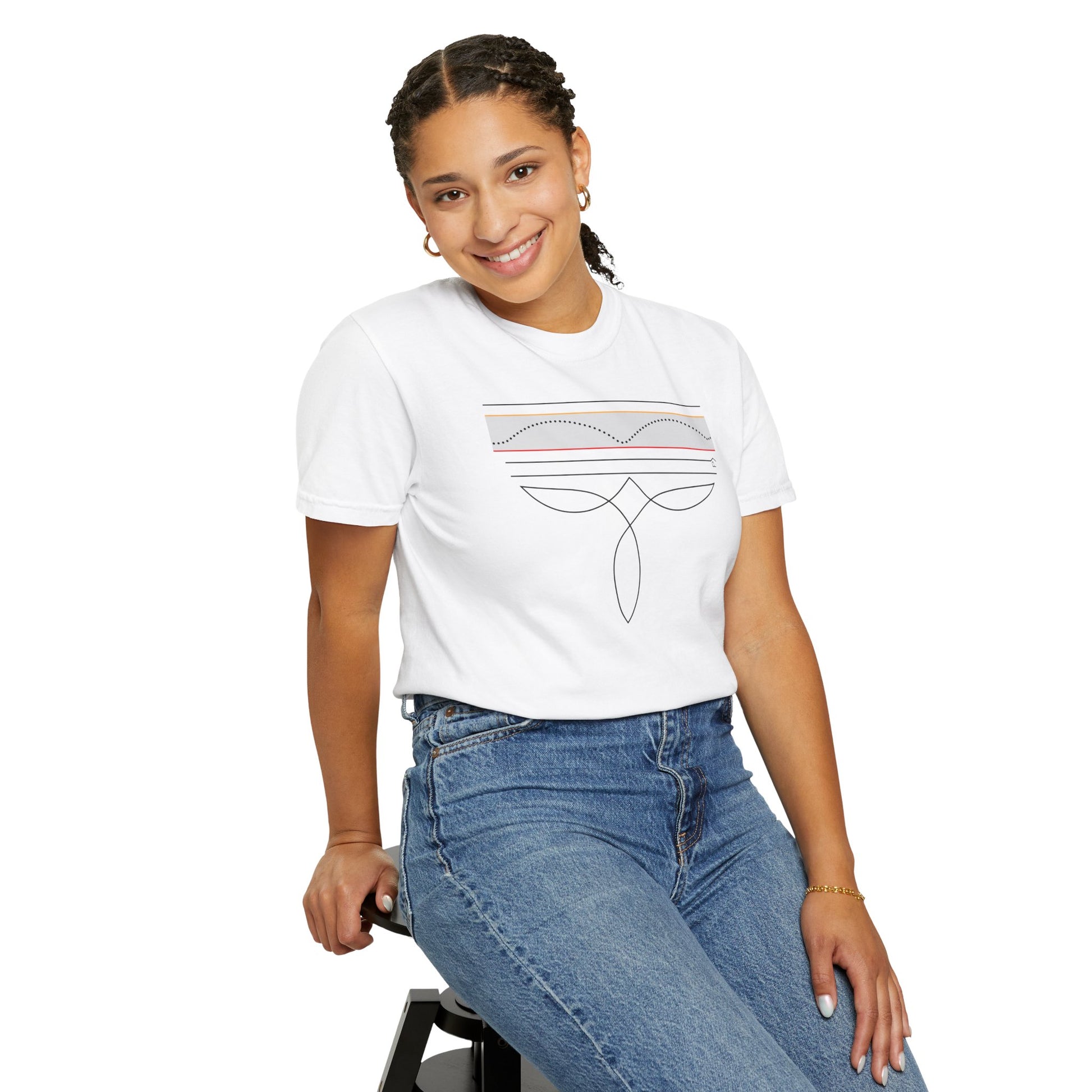 Model wearing CGM Cowboy Boot Stitching Tee with cowboy boot-inspired design and subtle graph detail.