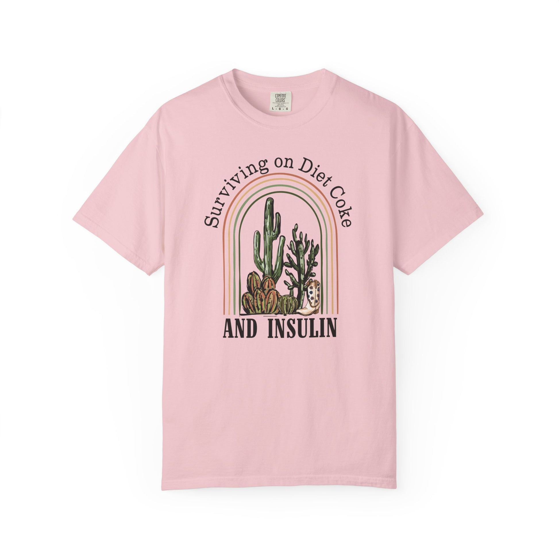 Surviving on Diet Coke Diabetes TShirt featuring a cactus design on a pink unisex tee.