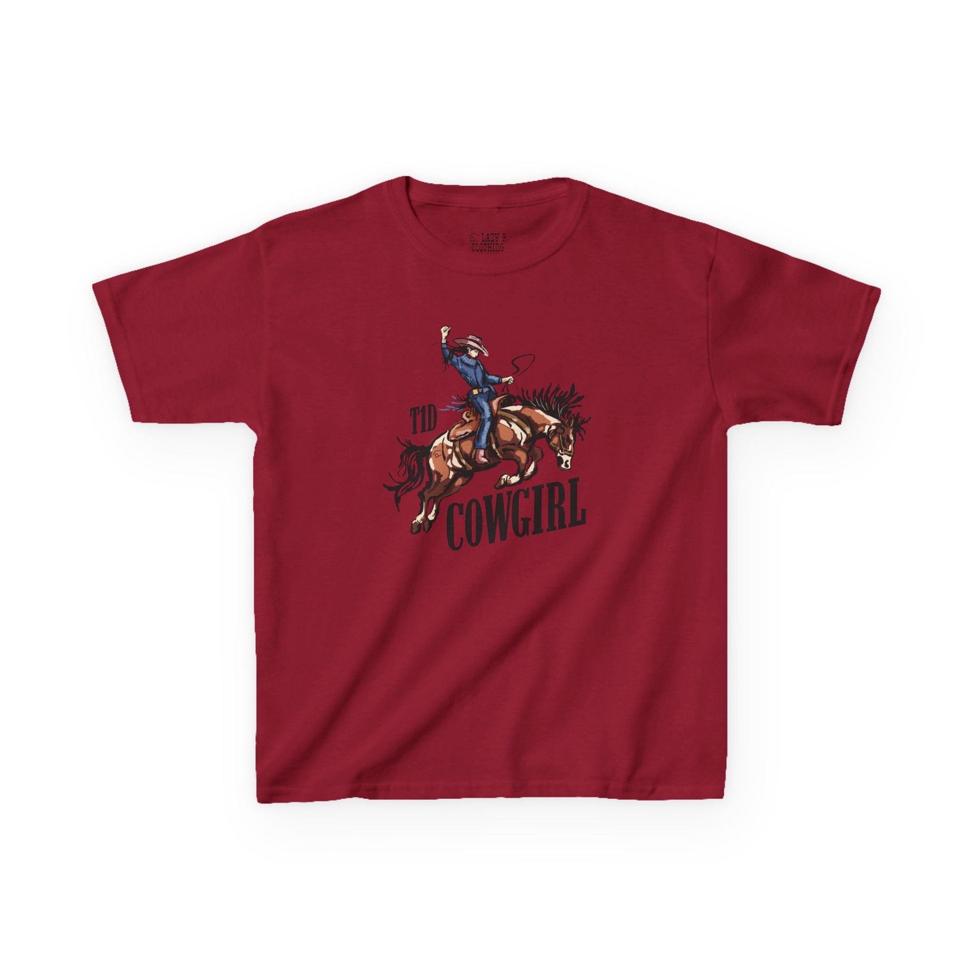 T1D Cowgirl Kids Diabetes Shirt featuring a cowgirl riding a horse, promoting diabetes awareness and support squad.
