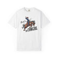 Bro of a T1D Cowgirl T-Shirt featuring a cowgirl riding a horse, promoting diabetes awareness and support.