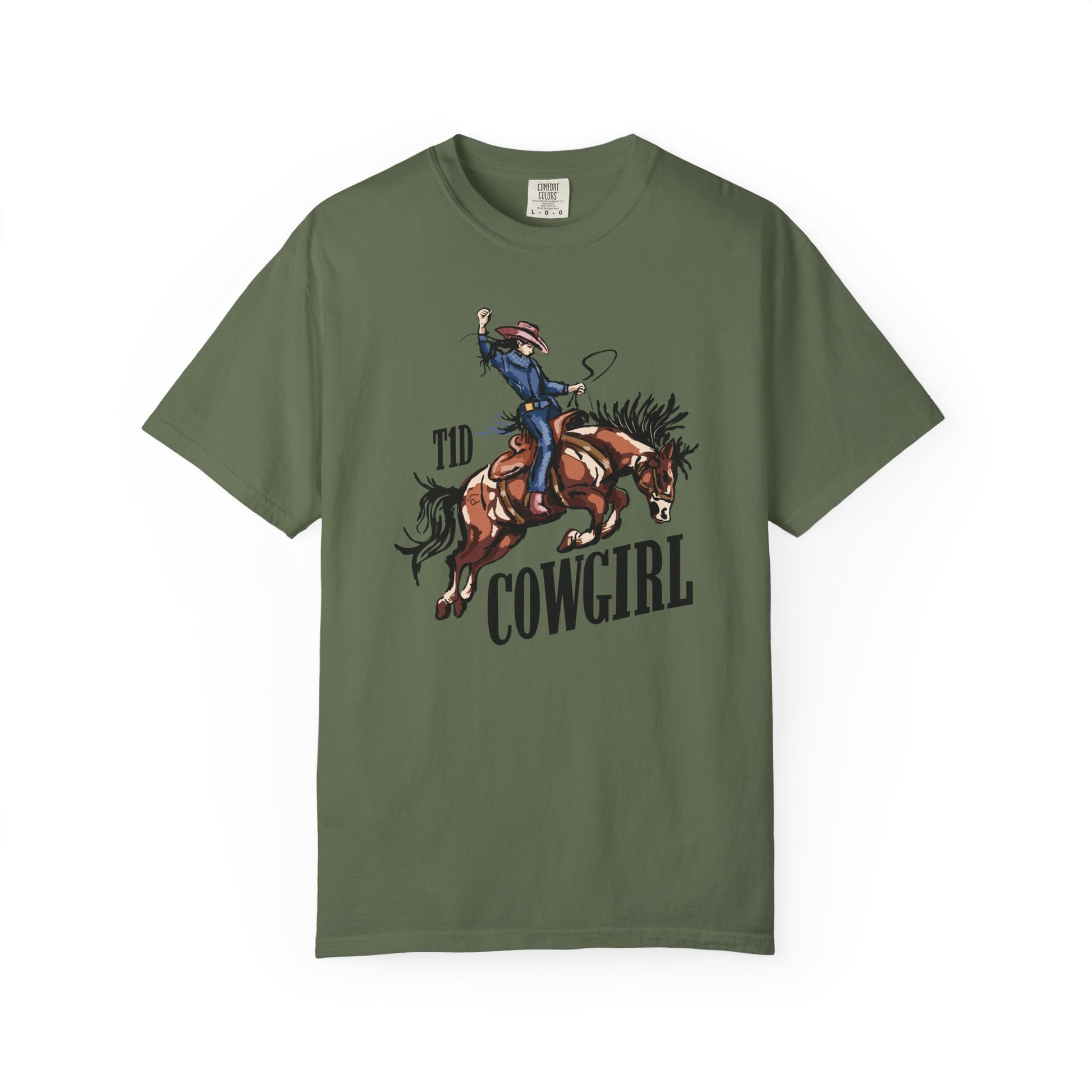 T1D Cowgirl Diabetes T-Shirt featuring a graphic of a cowgirl on a horse, promoting diabetes awareness and support squad.