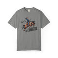 Dad of a T1D Cowgirl T-Shirt featuring a cowgirl riding a horse, supporting diabetes awareness for T1D families.
