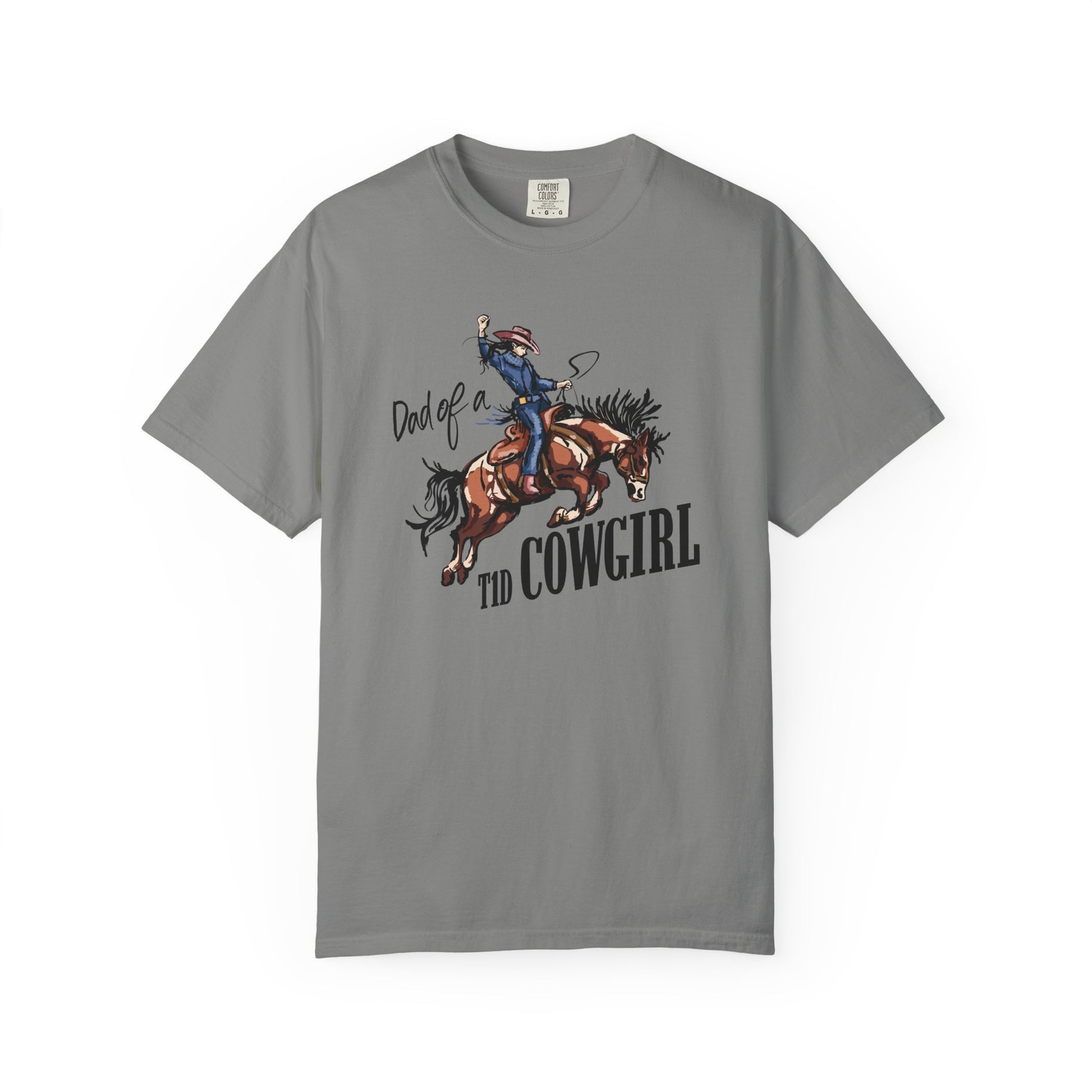 Dad of a T1D Cowgirl T-Shirt featuring a cowgirl riding a horse, supporting diabetes awareness for T1D families.