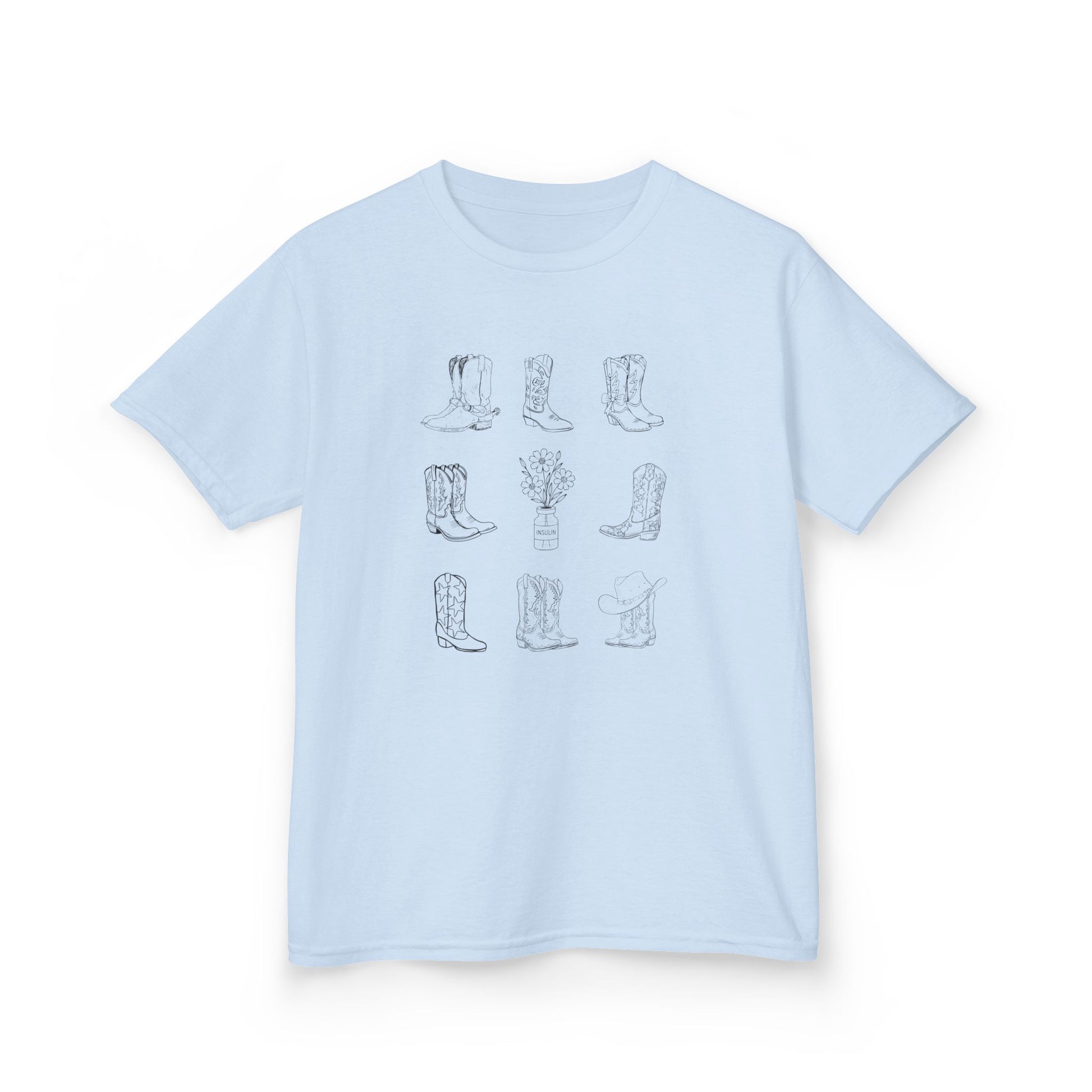 Boots and Insulin Kids Diabetes Tshirt featuring cowboy boots and insulin vial design on a light blue background.