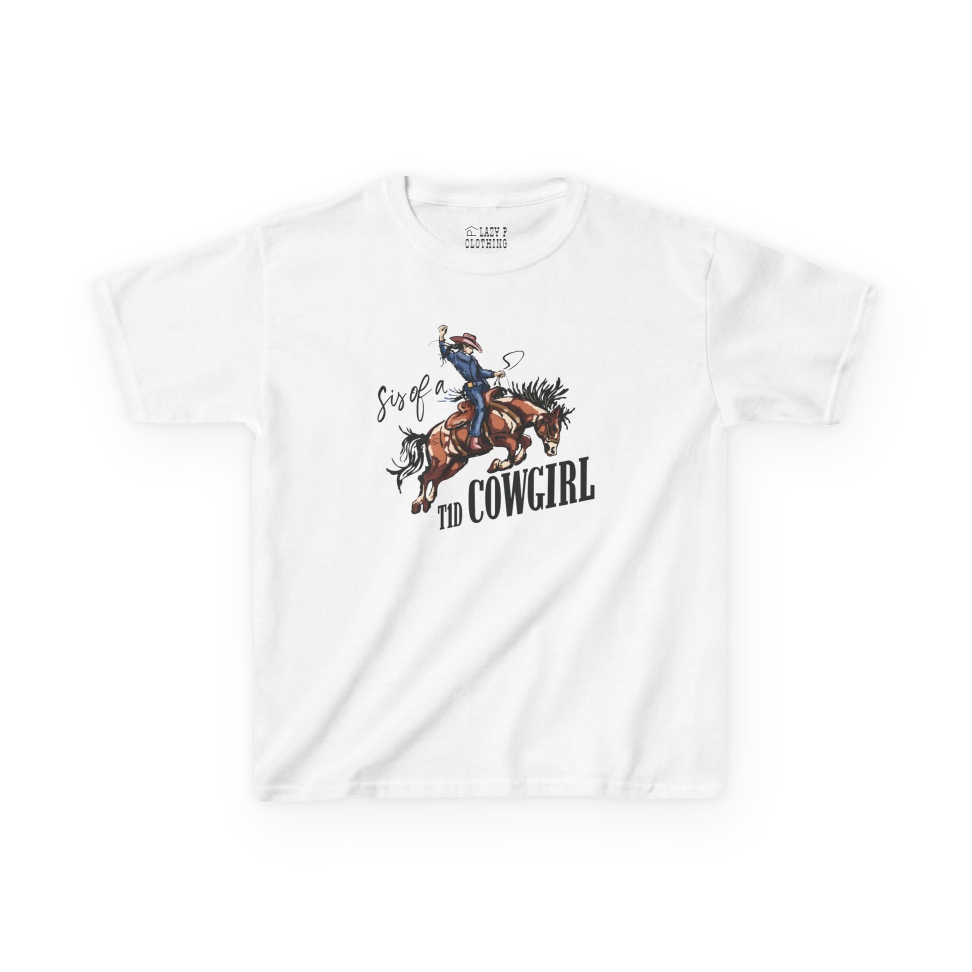 Sis of a T1D Cowgirl Diabetes Tee featuring a cowgirl on horseback, ideal for diabetes support.