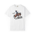 Dad of a T1D Cowgirl T-Shirt featuring a cowgirl with an insulin pump riding a horse.