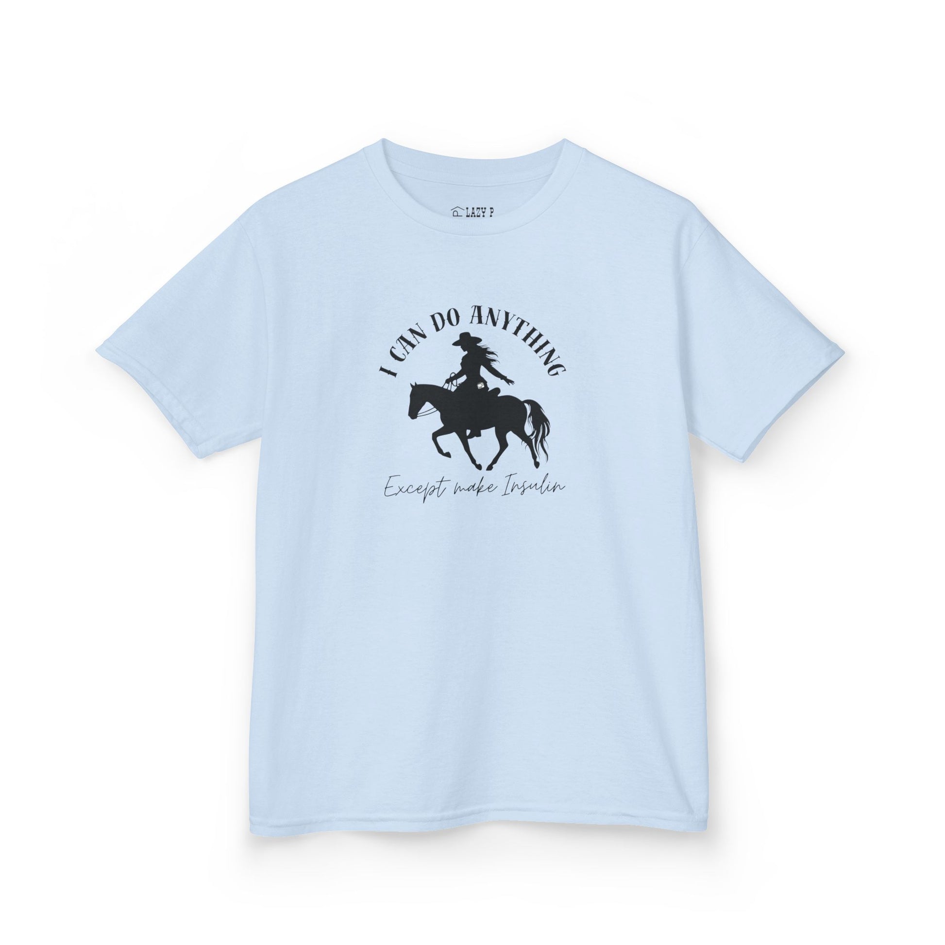 I Can Do Anything Girls Diabetes Shirt featuring a brave cowgirl on horseback in playful design.