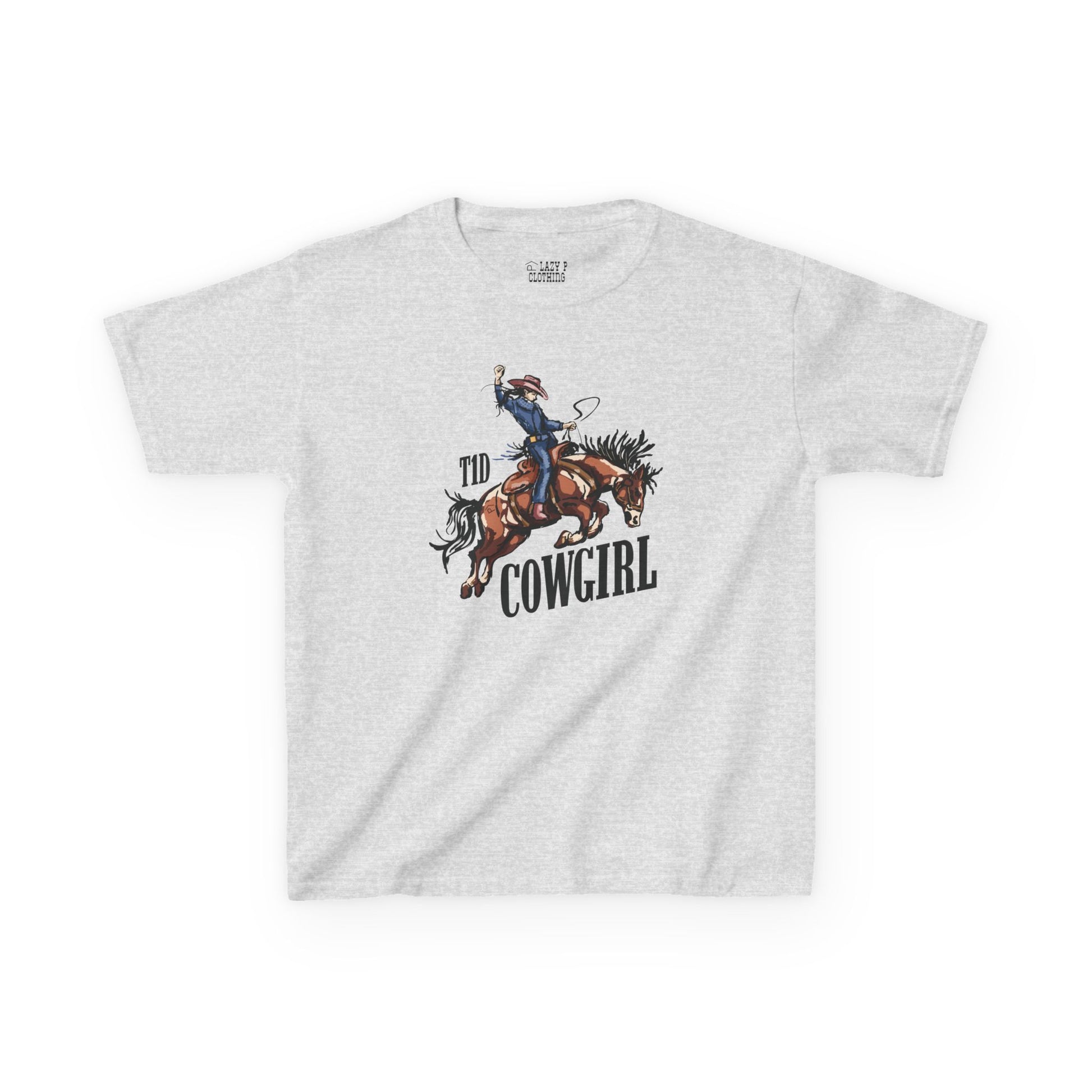 T1D Cowgirl Kids Diabetes Shirt featuring a cowgirl riding a horse, promoting diabetes awareness and support squad.