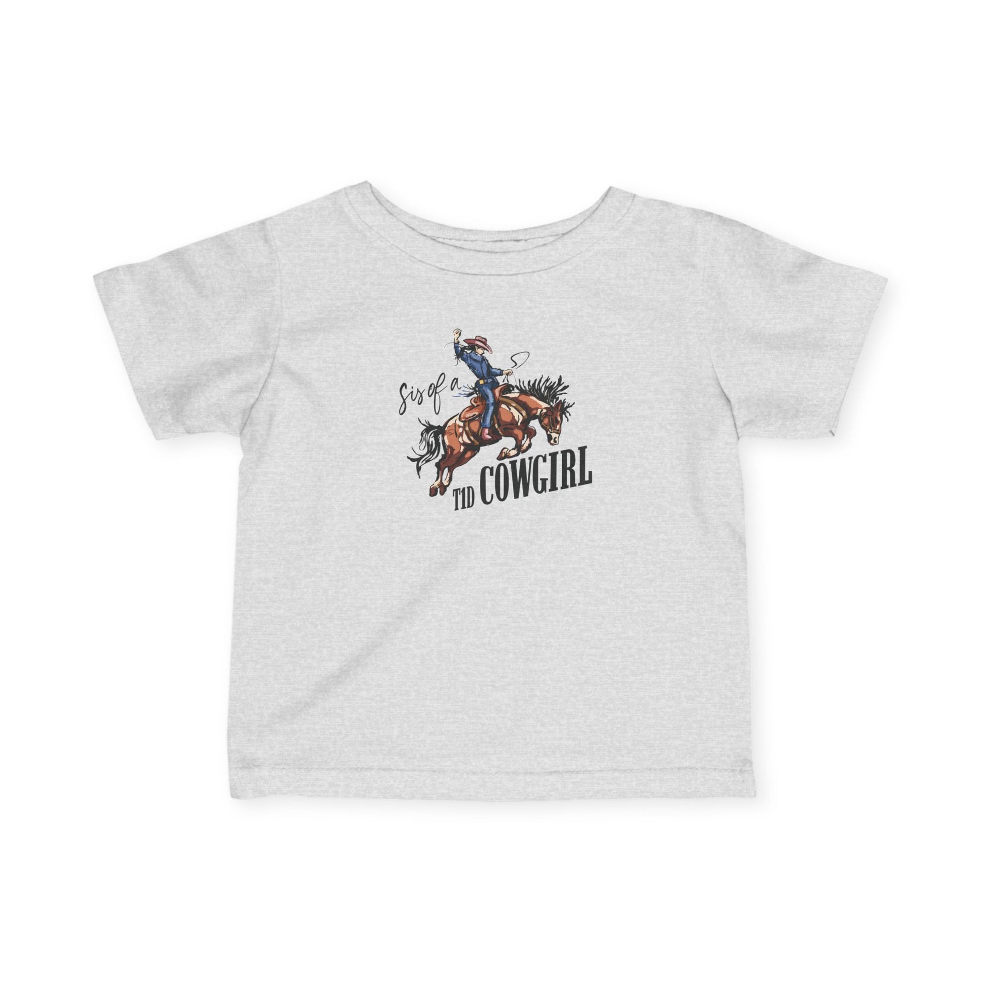 Sis of a T1D Cowgirl Toddler Diabetes TShirt featuring a playful cowgirl design on a gray tee.
