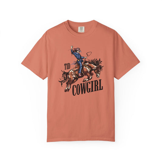 T1D Cowgirl Diabetes T-Shirt featuring a rider on a horse, promoting diabetes awareness and support squad.