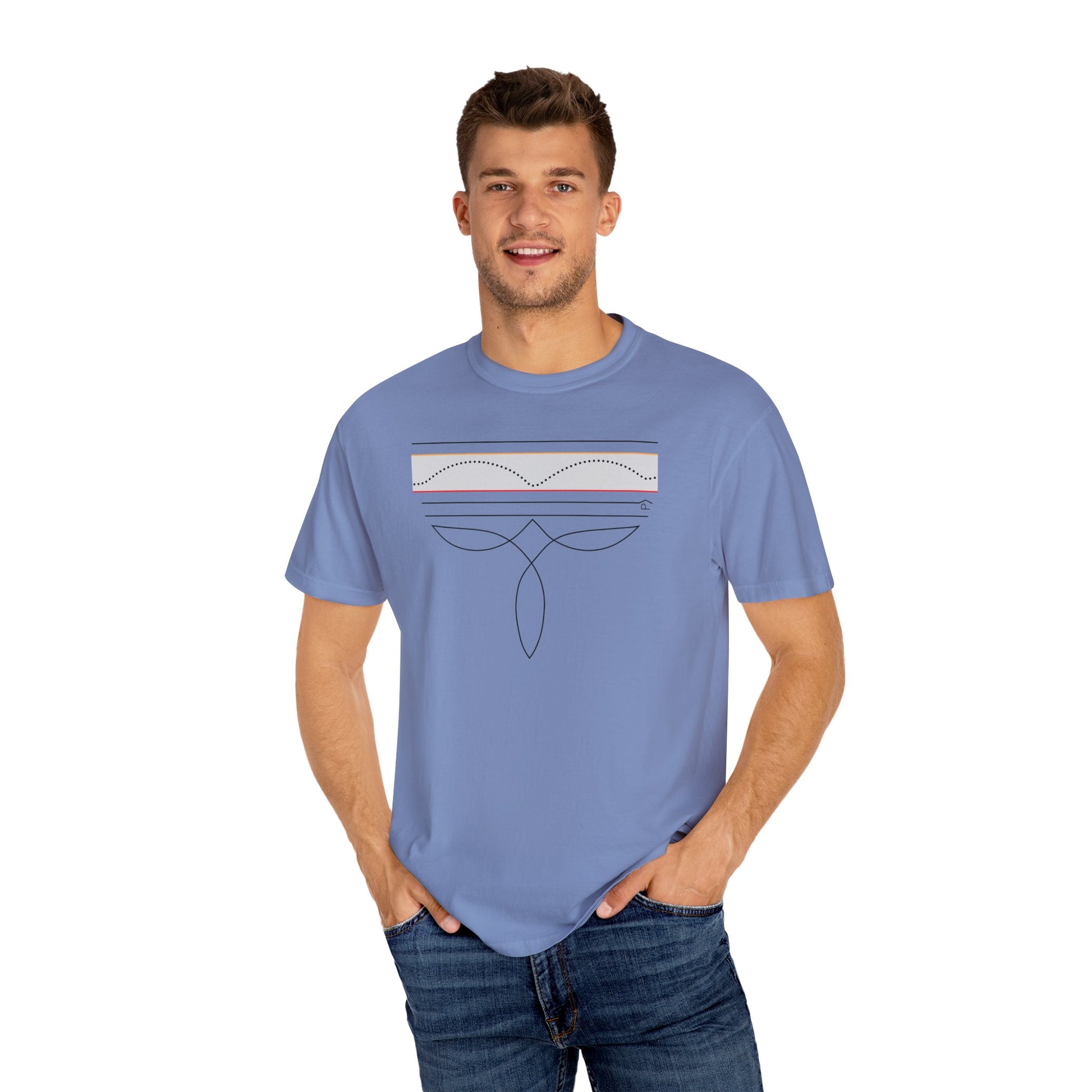 Model wearing CGM Cowboy Boot Stitching Tee in blue, featuring a cowboy boot stitch pattern and diabetes awareness design.