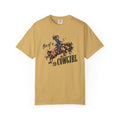 Bro of a T1D Cowgirl T-Shirt featuring a cowgirl on a horse, promoting diabetes awareness and support for T1D.