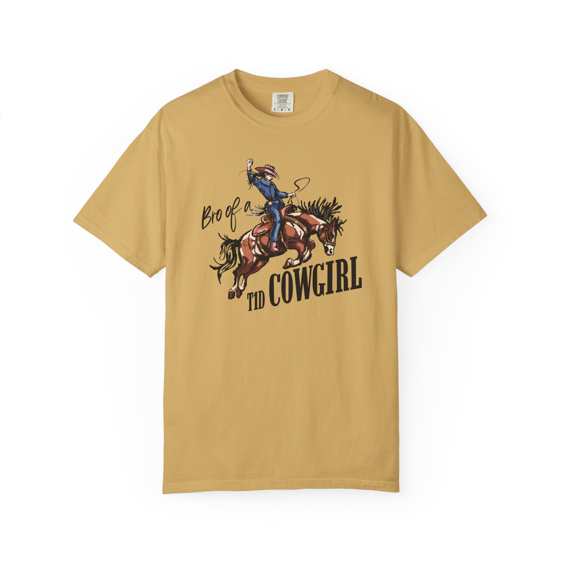 Bro of a T1D Cowgirl T-Shirt featuring a cowgirl on a horse, promoting diabetes awareness and support for T1D.