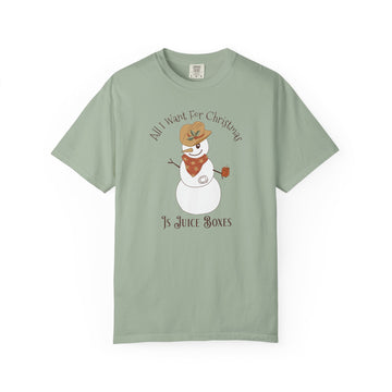 All I Want for Christmas Pump Diabetes TShirt featuring a snowman with a cowboy hat and juice box.