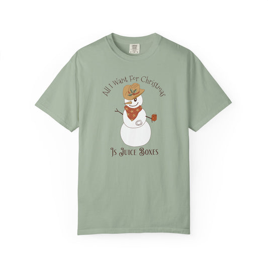 All I Want for Christmas Pump Diabetes TShirt featuring a snowman with a cowboy hat and juice box.