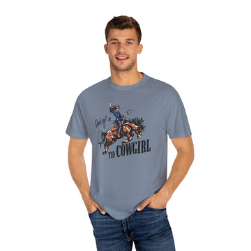 Dad of a T1D Cowgirl T-Shirt featuring a man wearing a blue shirt with a cowgirl design, celebrating diabetes support.