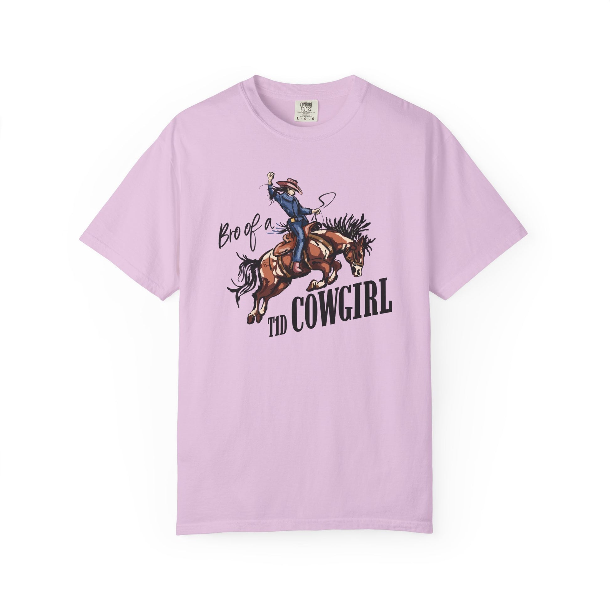 Bro of a T1D Cowgirl T-Shirt featuring a cowgirl and insulin pump design, promoting diabetes awareness and support.