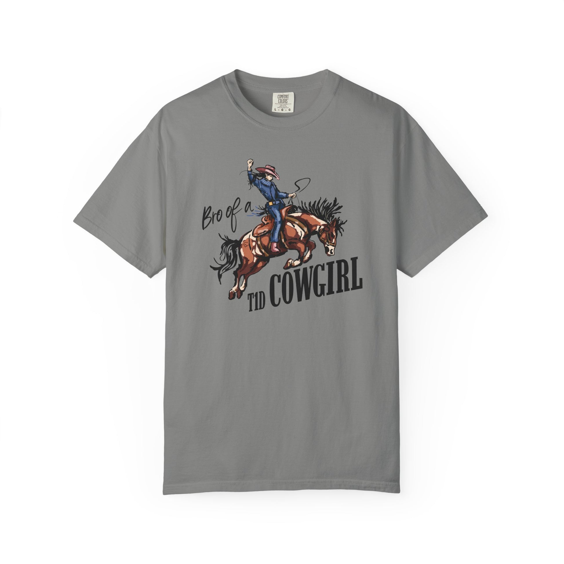 Bro of a T1D Cowgirl T-Shirt featuring cowgirl and insulin pump design, perfect for diabetes awareness and support.