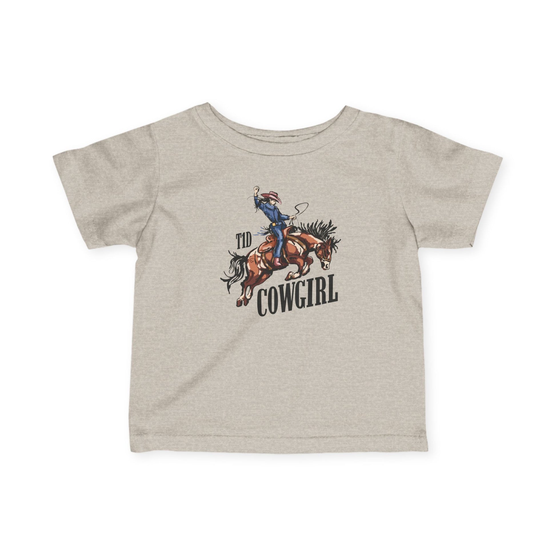 T1D Cowgirl Toddler Diabetes Tshirt featuring a cowgirl riding a horse, perfect for toddlers celebrating style and strength.