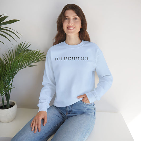 Lazy Pancreas Club Diabetes Sweatshirt worn by a smiling woman, featuring a relaxed fit and soft cotton-blend fabric.