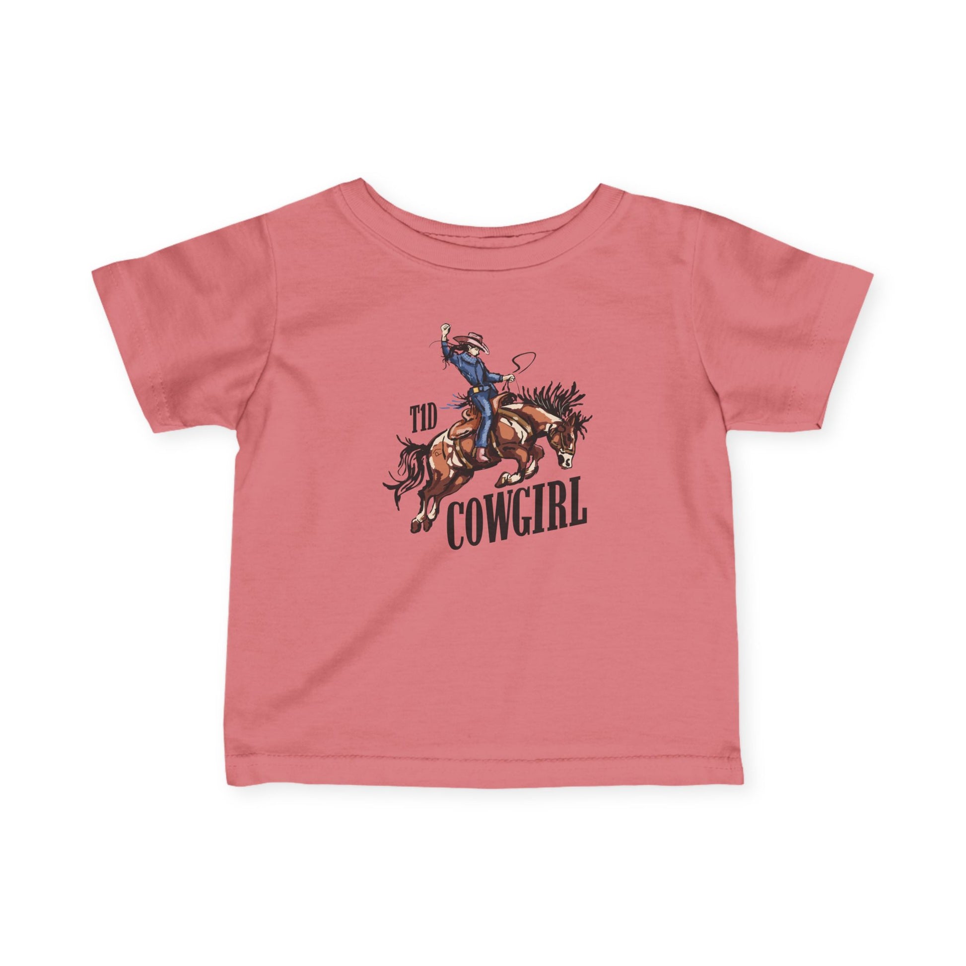 T1D Cowgirl Toddler Diabetes Tshirt featuring a cowgirl riding a horse in a charming design.