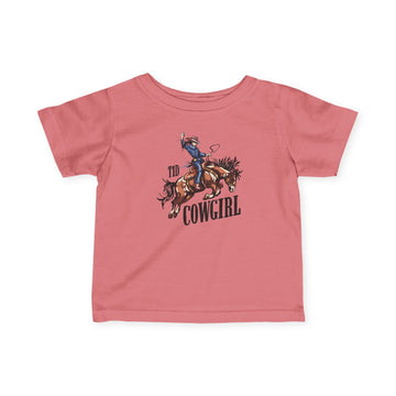 T1D Cowgirl Toddler Diabetes Tshirt featuring a cowgirl riding a horse in a charming design.
