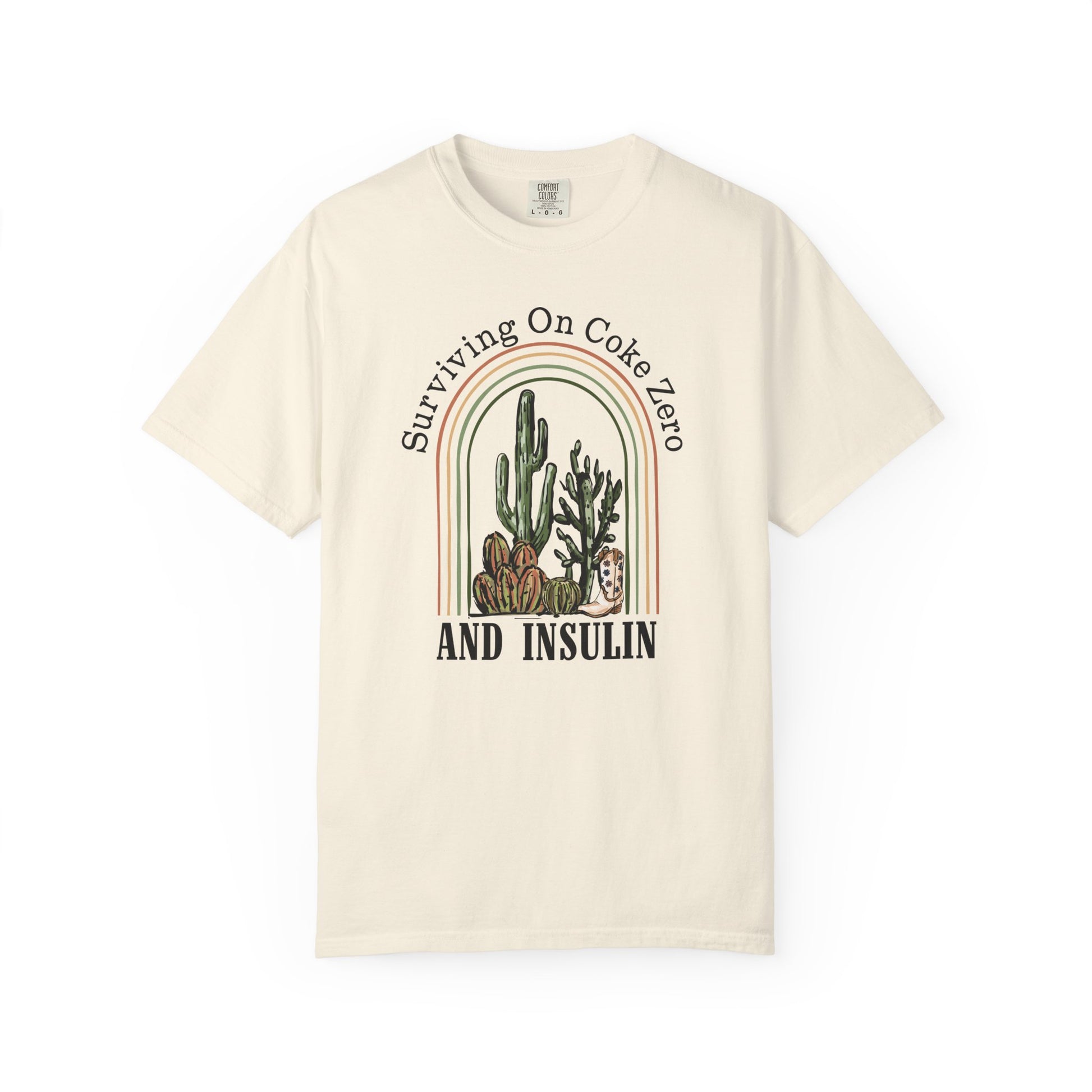 Surviving on Coke Zero Diabetes TShirt featuring vintage desert design with cacti and humorous text.