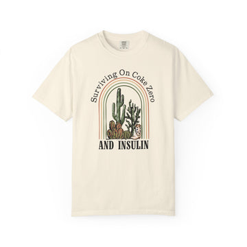 Surviving on Coke Zero Diabetes TShirt featuring vintage desert design with cacti and humorous text.