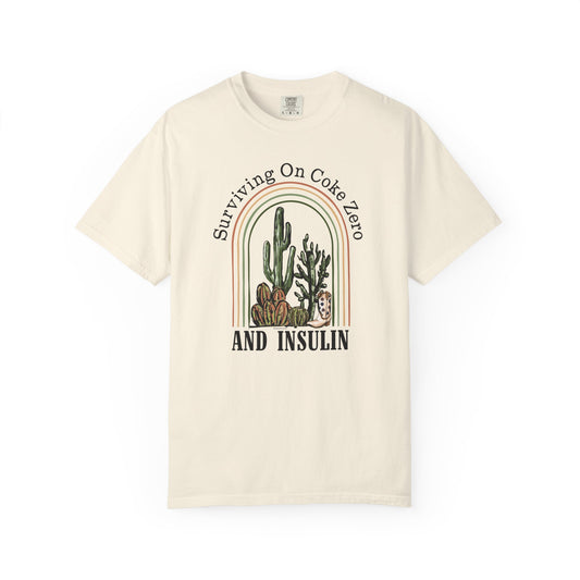 Surviving on Coke Zero Diabetes TShirt featuring vintage desert design with cacti and humorous text.