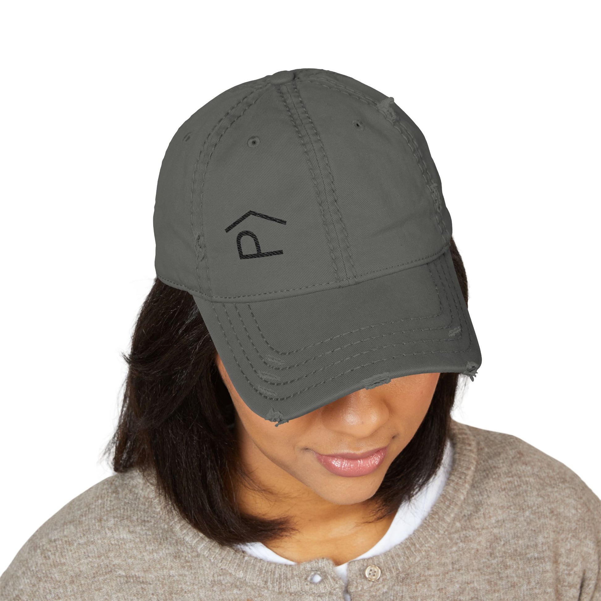 Distressed Lazy P Diabetes Hat worn by a woman, showcasing the embroidered Lazy P logo in dark gray.