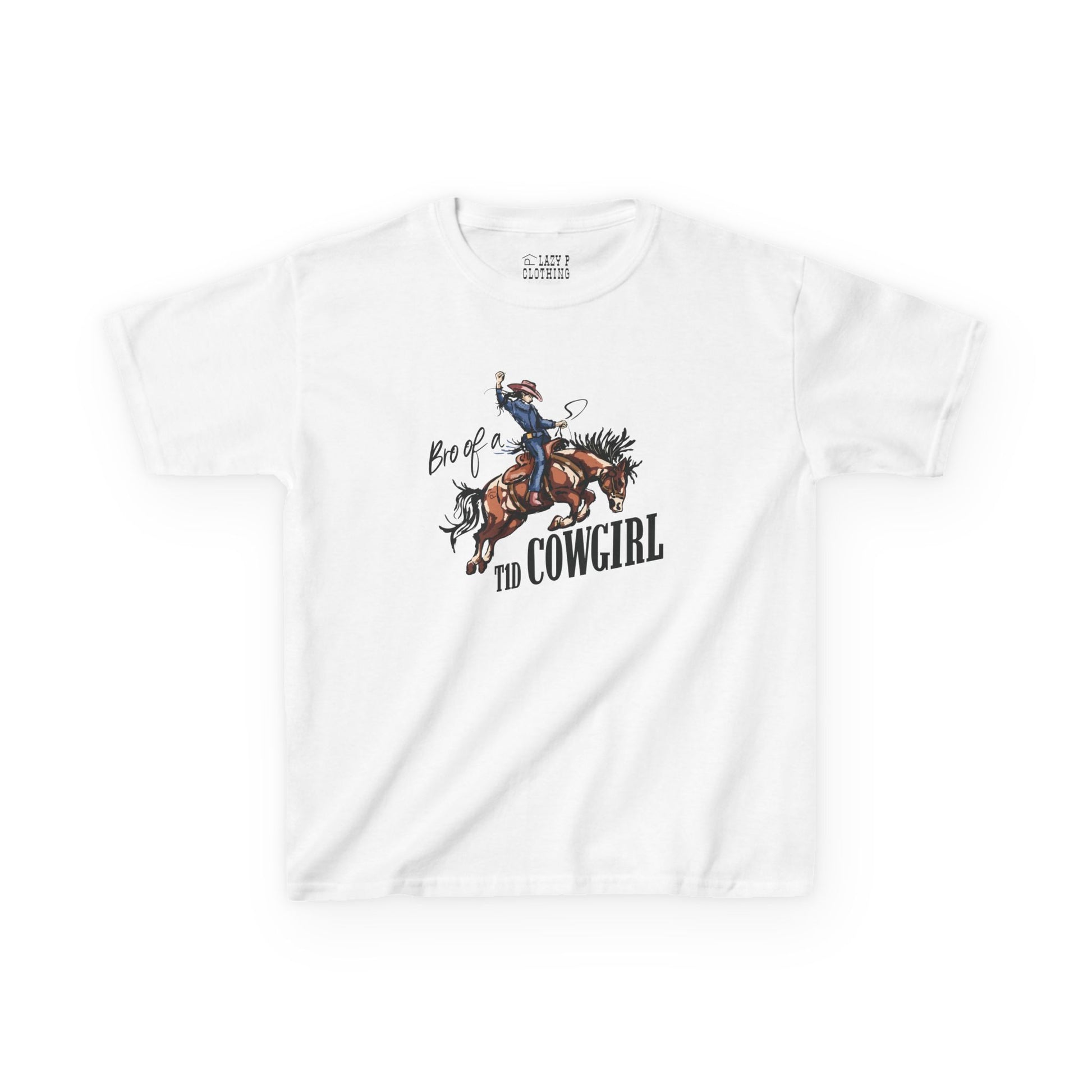 Bro of a T1D Cowgirl Diabetes Tee for kids, featuring a cowgirl riding with insulin pump design.