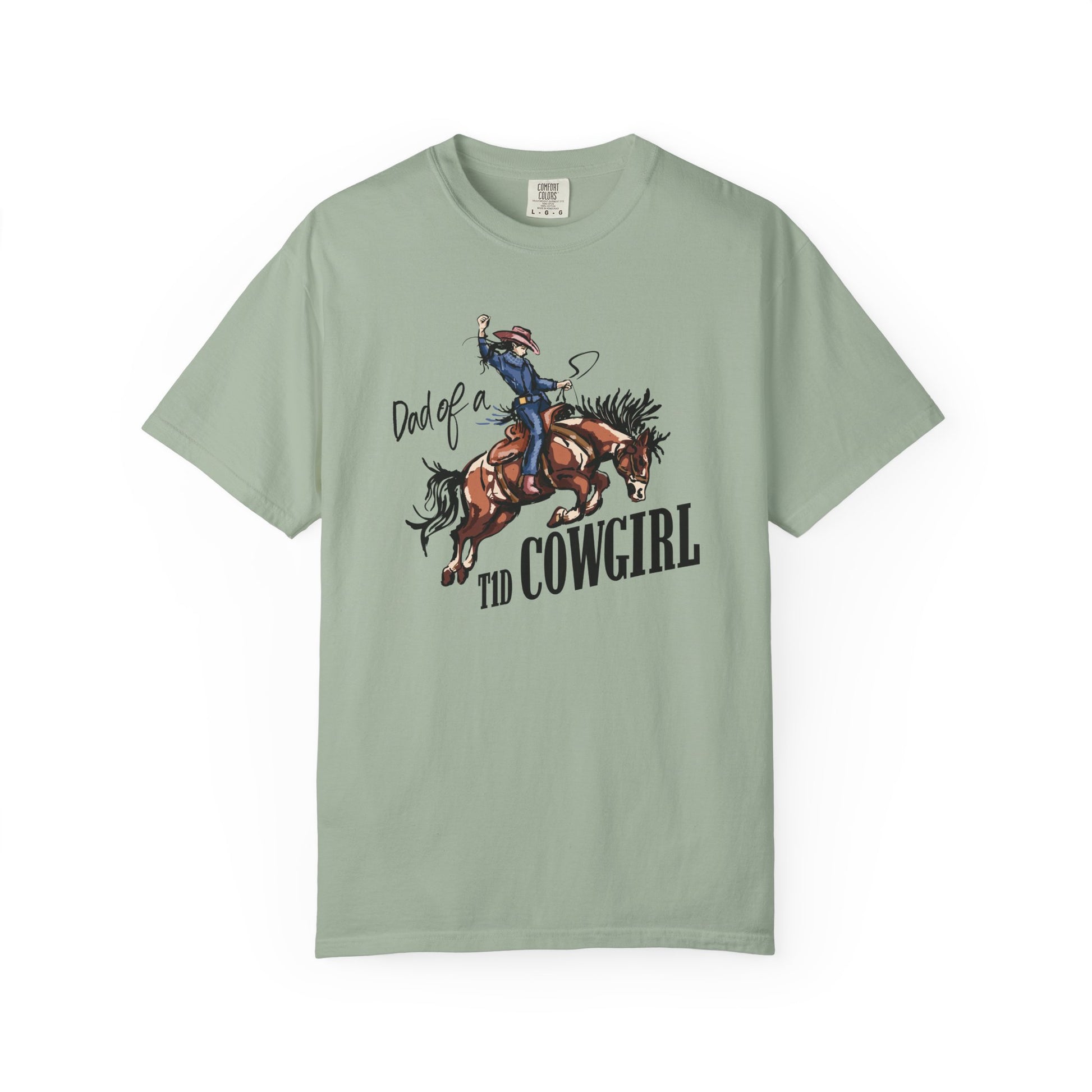 Dad of a T1D Cowgirl T-Shirt featuring a cowgirl on a horse, promoting diabetes support and family love.