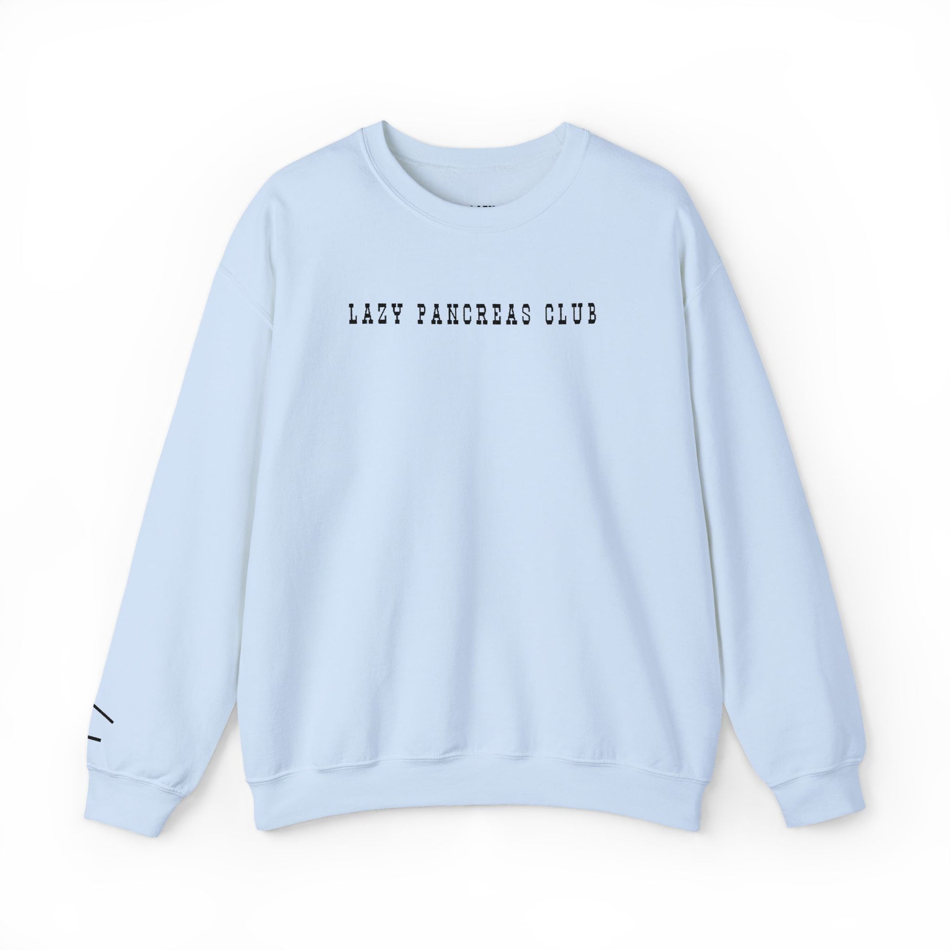 Lazy Pancreas Club Diabetes Sweatshirt in light blue with embroidered design for comfort and style.
