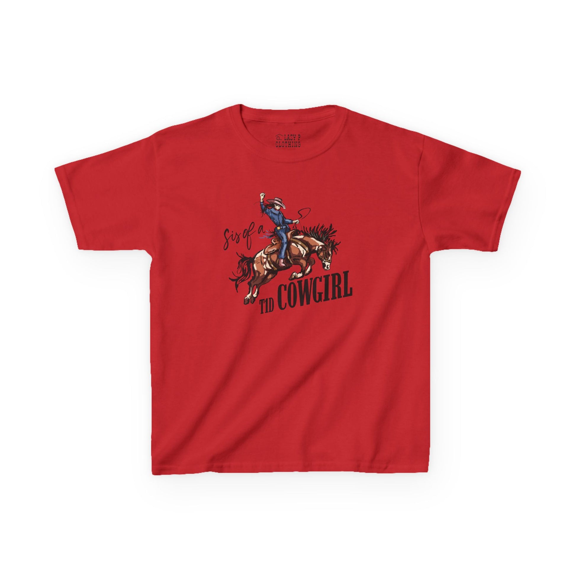 Sis of a T1D Cowgirl Diabetes Tee featuring a cowgirl and her insulin pump on a red shirt.