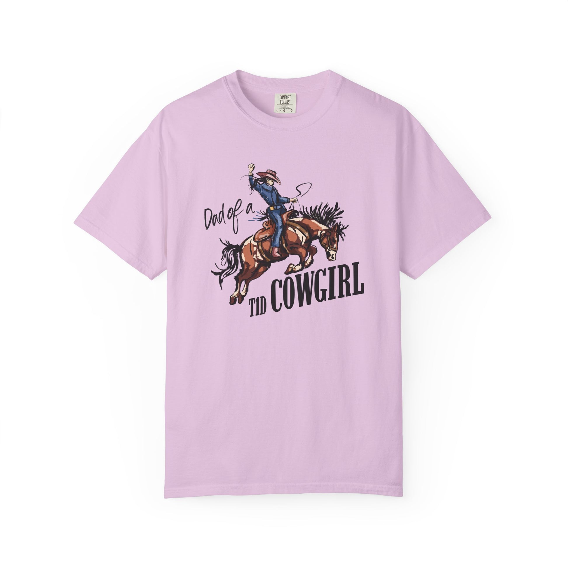 Dad of a T1D Cowgirl T-Shirt featuring a playful design of a cowgirl on a horse.