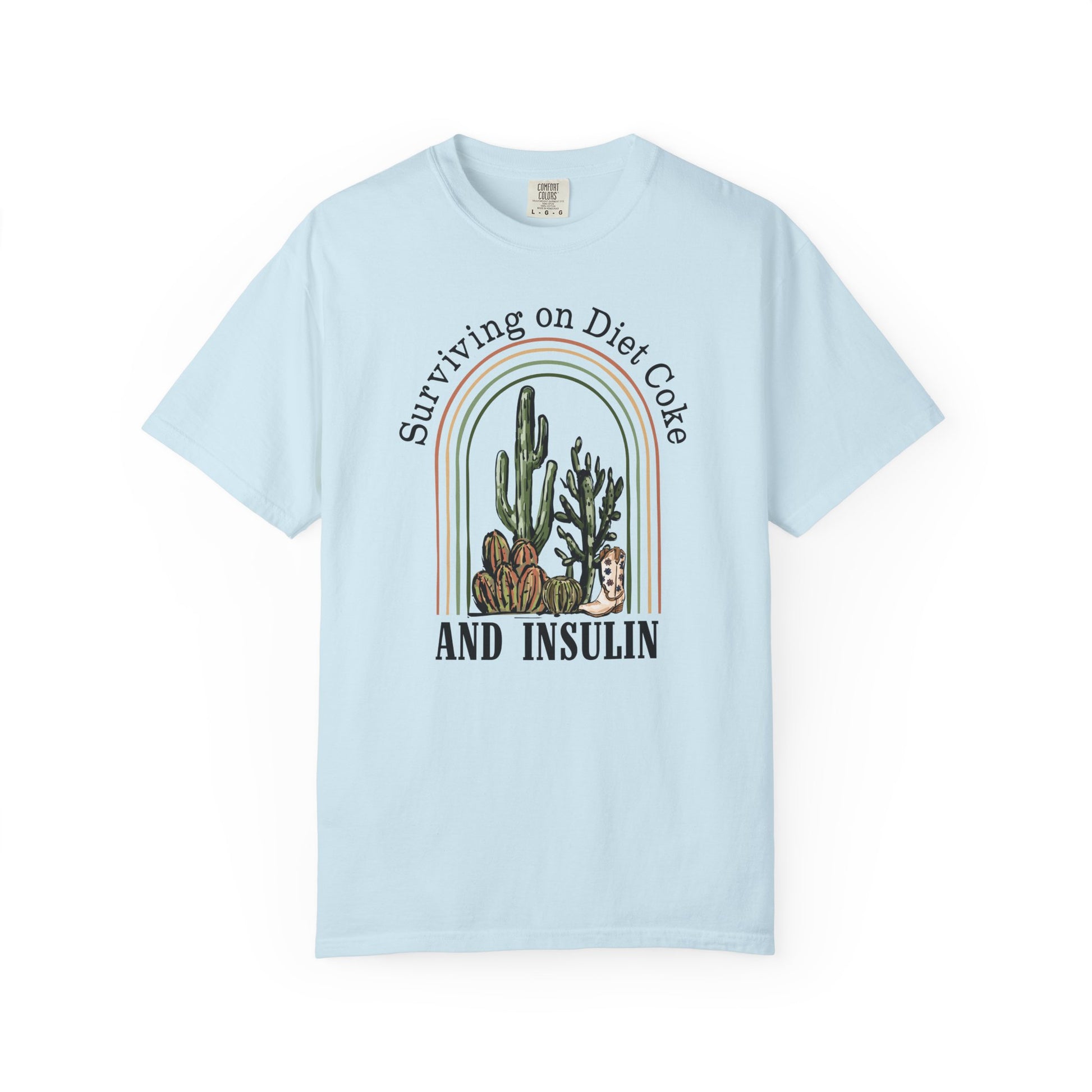 Surviving on Diet Coke Diabetes TShirt featuring a vintage cactus design on a light blue tee.