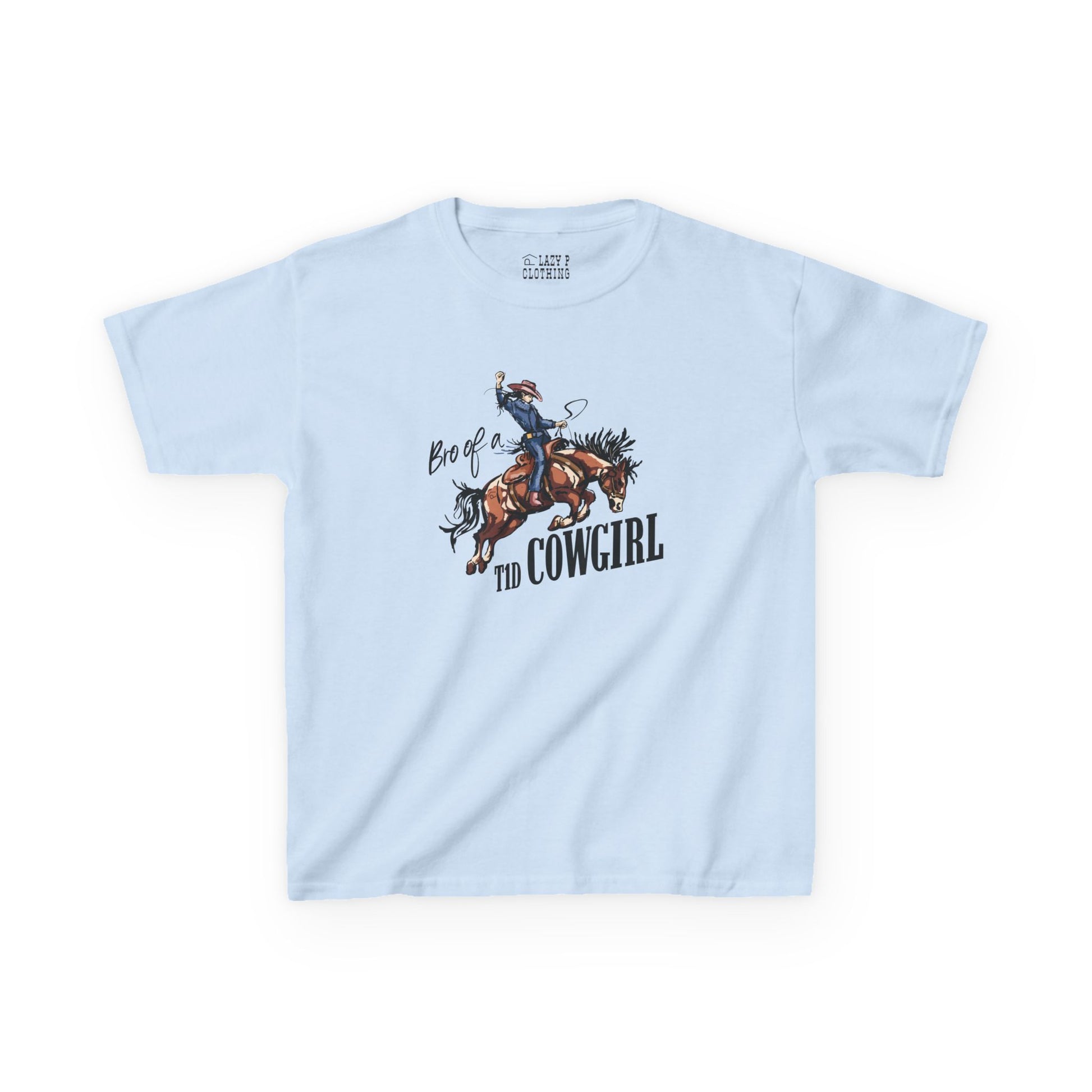 Bro of a T1D Cowgirl Diabetes Tee featuring a cowgirl design on a blue kids tshirt.
