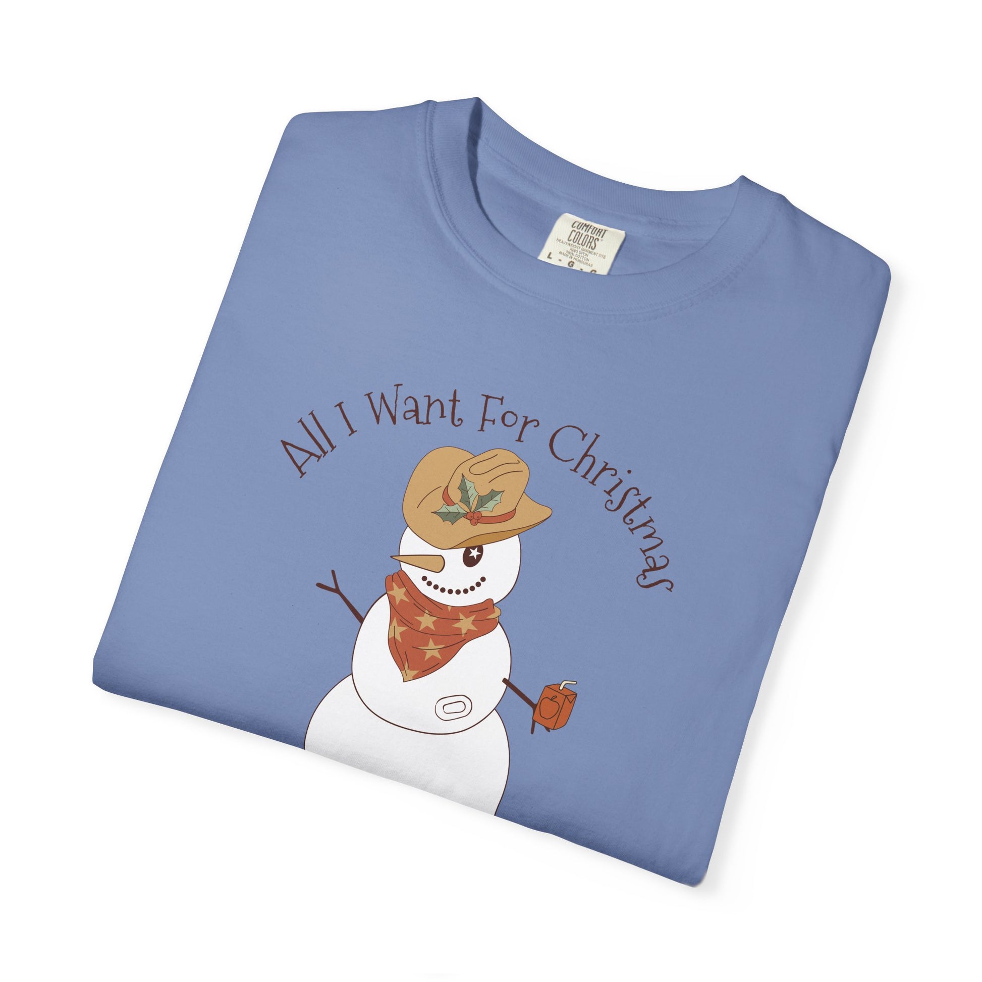 All I Want for Christmas CGM Diabetes TShirt featuring a snowman in a cowboy hat and juice box.