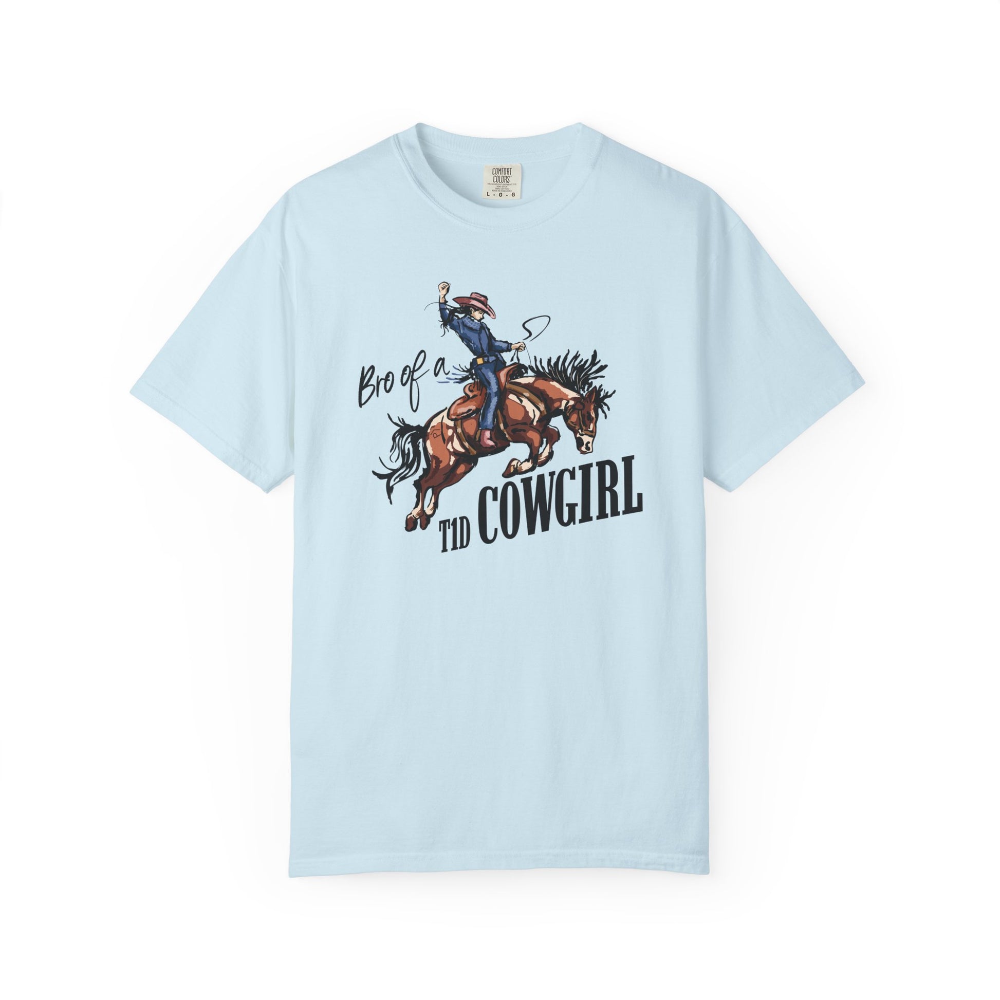 Bro of a T1D Cowgirl T-Shirt featuring a cowgirl with insulin pump on horseback for diabetes awareness.