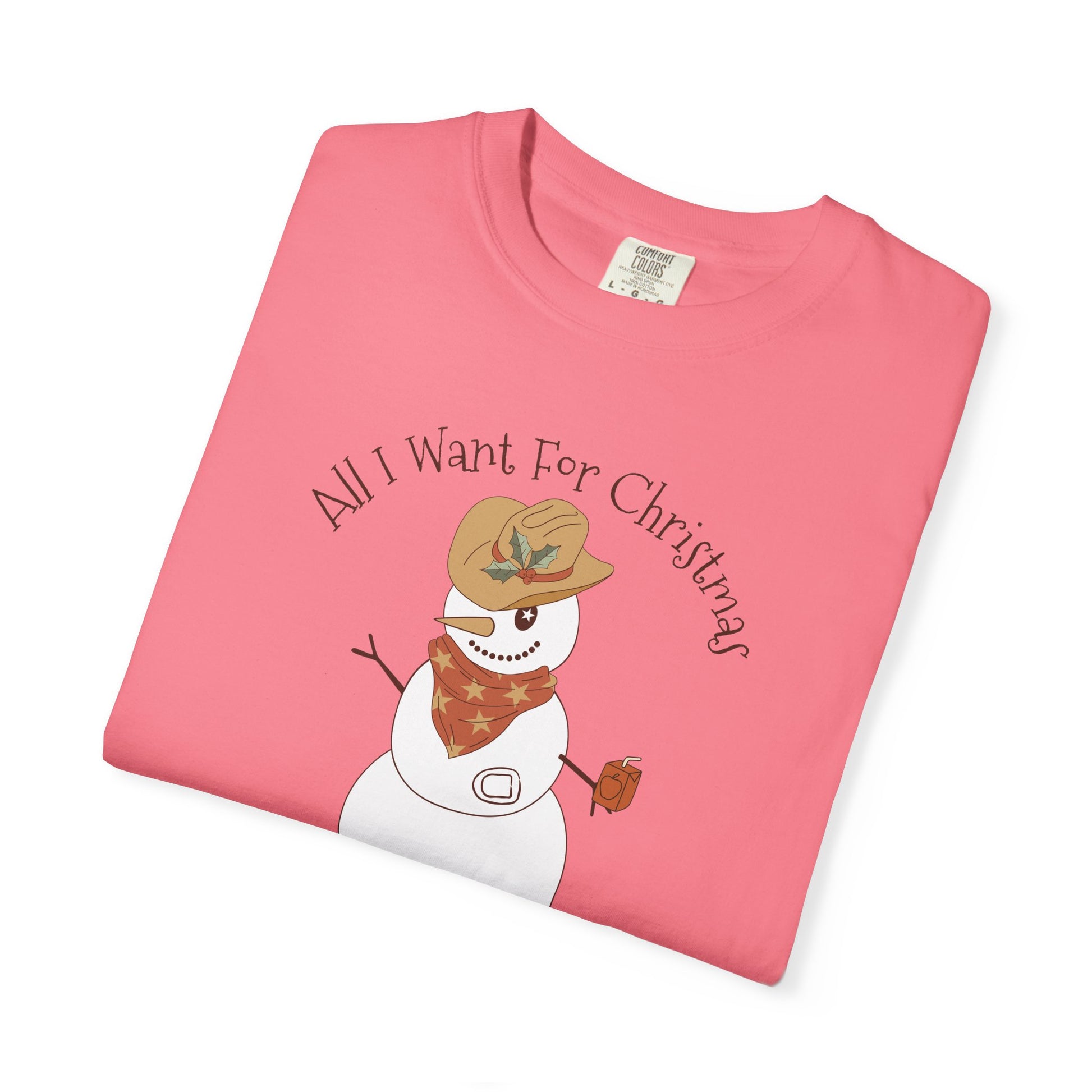 All I Want for Christmas Pump Diabetes TShirt featuring a snowman in a cowboy hat on a pink shirt.